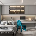 Modern Tatami Bedroom Interior Design With Gray Bed Blue Chair Desk And Large Window