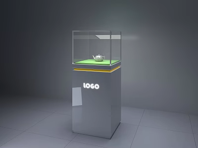 Transparent Glass Display Showcase Shelf With Logo Base Yellow Trim And Green Item 3d model