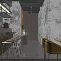 Cozy Dessert Shop Interior With Textured Walls Wooden Tables Gray Chairs And Decorative Paintings