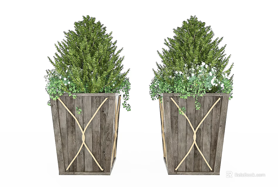Lush Green Bonsai Potted Plants In Wooden Planters With Golden Crisscross Accents 3d model 