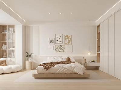 Modern Minimalist Bedroom Interior With Wooden Bed Artwork Bookshelves And Soft Area Rug 3d model