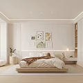 Modern Minimalist Bedroom Interior With Wooden Bed Artwork Bookshelves And Soft Area Rug