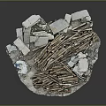 Building Ruins Scene With Scattered Broken Bricks And Weathered Wooden Planks