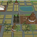 Scenic Campsite With Arranged Camping Sites Central Pond Palm Trees And Conical Structures