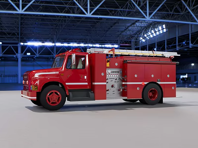 Red Fire Truck Parked In Large Industrial Warehouse With Metal Structure Roof And Ceiling Lights 3d model