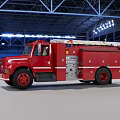 Red Fire Truck Parked In Large Industrial Warehouse With Metal Structure Roof And Ceiling Lights