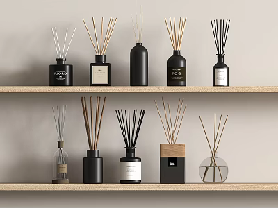 Stylish Fragrance Reed Diffuser Bottles With Various Designs On Wooden Shelves 3d model