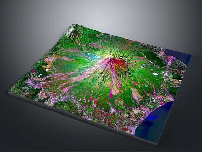 3D Volcanic Terrain Rendering With Central Red Crater Surrounded By Green Vegetation And Blue Water 3d model