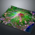 3D Volcanic Terrain Rendering With Central Red Crater Surrounded By Green Vegetation And Blue Water