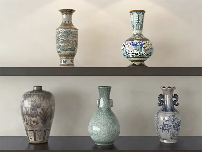 Various Decorative Ceramic Vases With Diverse Patterns On Shelf 3d model