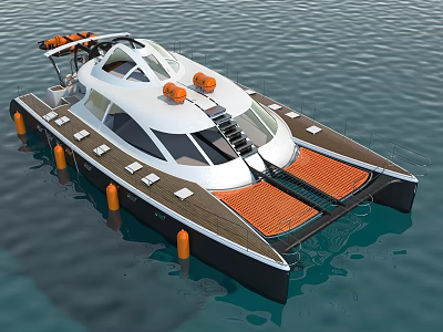 Modern White And Black Yacht With Orange Buoys Transparent Windows And Deck On Calm Water 3d model