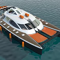 Modern White And Black Yacht With Orange Buoys Transparent Windows And Deck On Calm Water