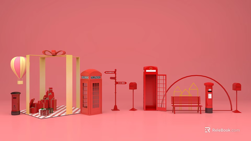 Interactive Area With Red British Phone Booths Mailbox Bench And Gift Box On Pink Background 3d model 