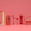Interactive Area With Red British Phone Booths Mailbox Bench And Gift Box On Pink Background