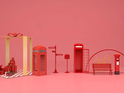 Interactive Area With Red British Phone Booths Mailbox Bench And Gift Box On Pink Background 3d model