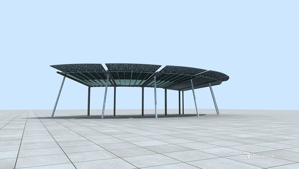 Modern Fan Shaped Pergola with Metal Support Columns and Square Tiled Floor 3d model