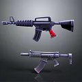 3D Rendered Firearms Design Featuring Rifles And Submachine Guns With Black Red Details On Dark Background