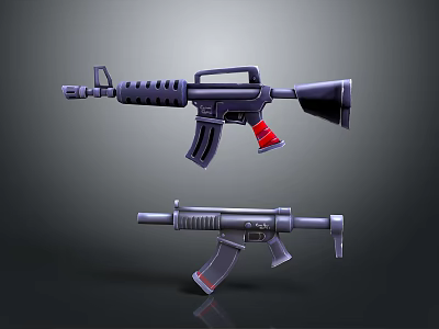 3D Rendered Firearms Design Featuring Rifles And Submachine Guns With Black Red Details On Dark Background 3d model