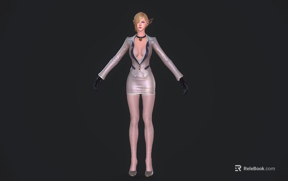 Blonde Woman Wearing Silver Jacket Short Skirt Black Gloves Fishnet Stockings High Heels Dark Background 3d model 