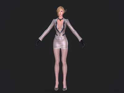 Blonde Woman Wearing Silver Jacket Short Skirt Black Gloves Fishnet Stockings High Heels Dark Background 3d model