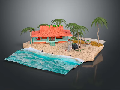 Cartoon Beach Scene With Red Roof Hut Palm Trees And Ocean Water 3d model