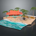 Cartoon Beach Scene With Red Roof Hut Palm Trees And Ocean Water
