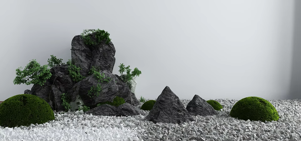 Natural Garden Decor Featuring Rocky Formations Green Plants and White Gravel 3d model 