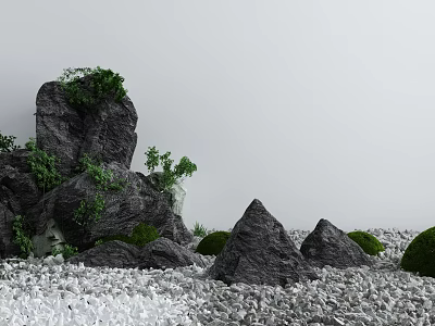 Natural Garden Decor Featuring Rocky Formations Green Plants and White Gravel 3d model