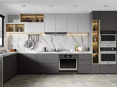Modern Kitchen With Gray And White Cabinets Marble Countertop And Appliances 3d model