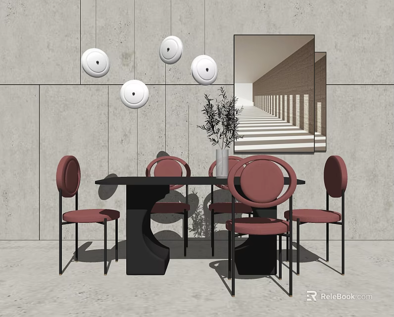 Modern Black Dining Table with Red Chairs Round Pendant Lights Mirror and Plant 3d model 