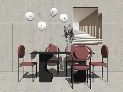 Modern Black Dining Table with Red Chairs Round Pendant Lights Mirror and Plant 3d model