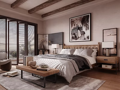 Cozy Bedroom Interior Design With Wooden Beams Large Windows Blinds Bed And Decorative Paintings 3d model