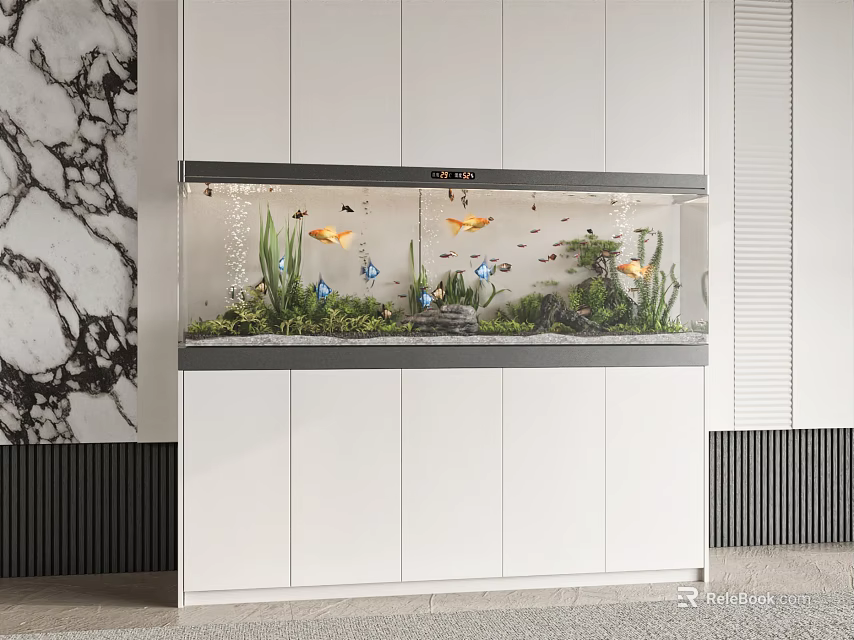 Modern Built In Aquarium With Fish Aquatic Plants And Decor 3d model 