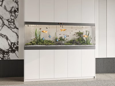 Modern Built In Aquarium With Fish Aquatic Plants And Decor 3d model