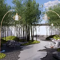Serene Residential Landscape With Winding Path Bamboo Grove And Lantern Style Lamps