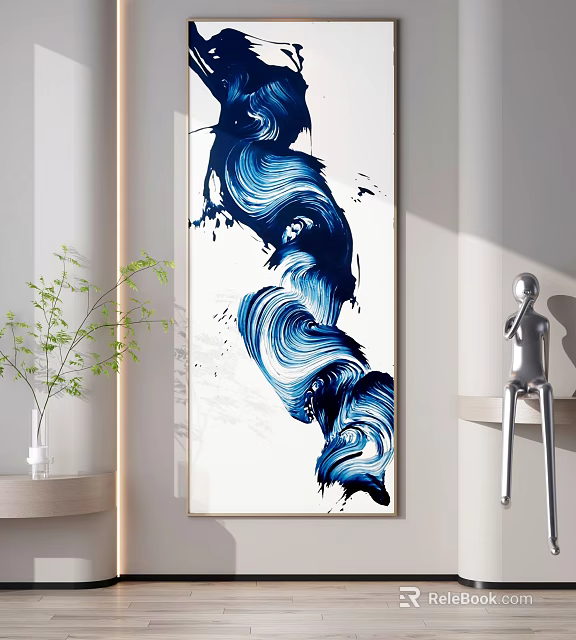 Abstract Blue Black Swirl Painting With Silver Sculpture And Green Plant Vase 3d model 