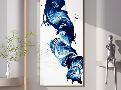 Abstract Blue Black Swirl Painting With Silver Sculpture And Green Plant Vase 3d model