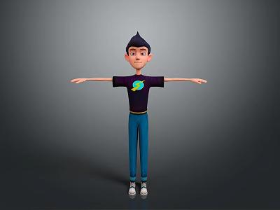Cartoon Man Wearing Black T-Shirt Purple Design Blue Pants White Shoes Standing With Arms Outstretched 3d model