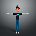 Cartoon Man Wearing Black T-Shirt Purple Design Blue Pants White Shoes Standing With Arms Outstretched