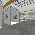 Art Gallery Interior With Wooden Slat Partition Reception Desk Red Circular Decorations And Green Plant