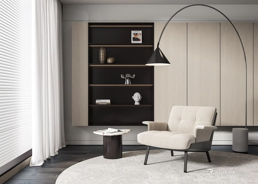 Modern Beige Single Seater Sofa With Arched Floor Lamp Round Side Table And Dark Bookshelf 3d model 