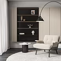 Modern Beige Single Seater Sofa With Arched Floor Lamp Round Side Table And Dark Bookshelf