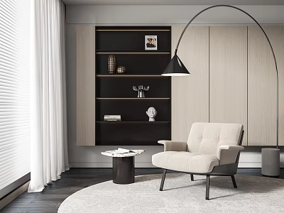 Modern Beige Single Seater Sofa With Arched Floor Lamp Round Side Table And Dark Bookshelf 3d model