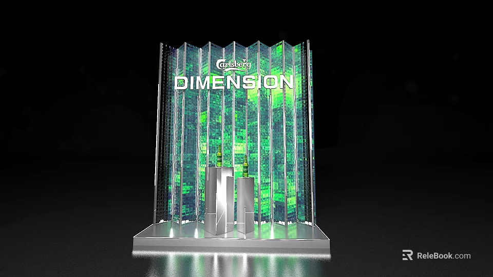 Coca Cola Dimension Transparent Display With Green Background And Silver Structure 3d model 