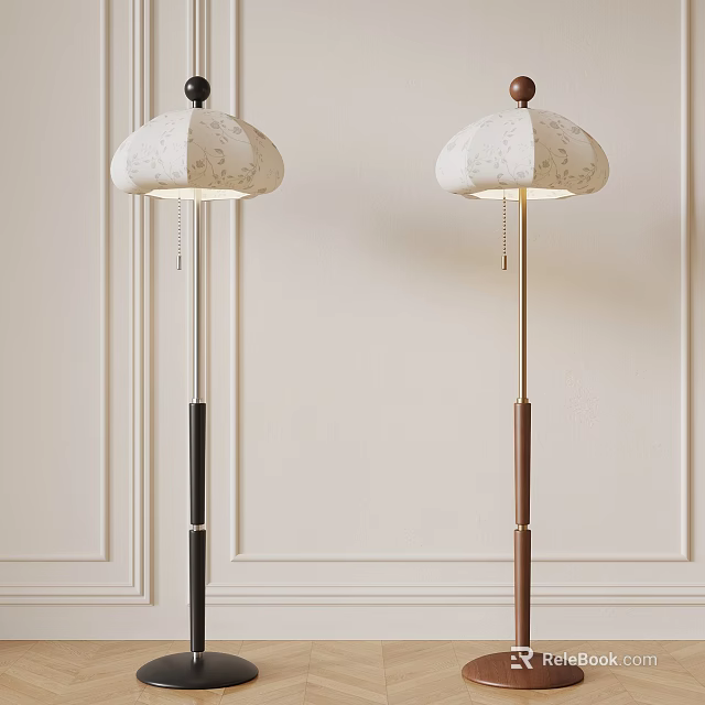 Two Modern Floor Lamps With White Patterned Shades And Black Brown Poles For Indoor Decor 3d model 