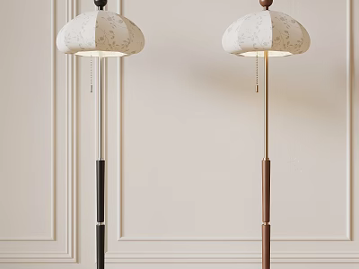 Two Modern Floor Lamps With White Patterned Shades And Black Brown Poles For Indoor Decor 3d model