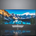 Curved Monitor Display With Scenic Mountain Lake Landscape And White Stand