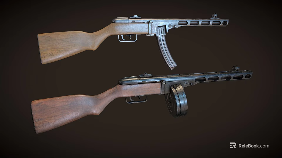 Pair of Vintage Submachine Guns With Wooden Stock And Drum Magazine Design 3d model 