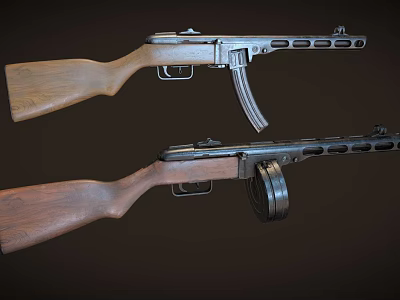 Pair of Vintage Submachine Guns With Wooden Stock And Drum Magazine Design 3d model