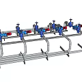Industrial Equipment Featuring Stainless Steel Pipe System With Blue Valves And Red Labels